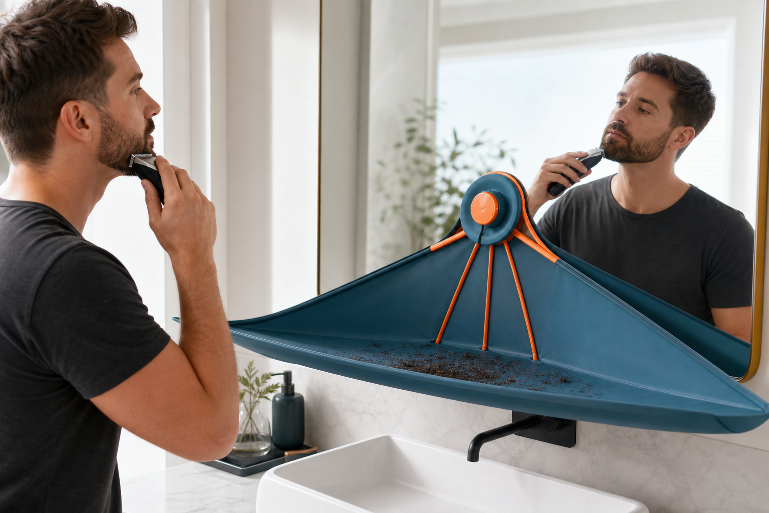 מדף NoMess נצמד למראה ואוסף את שערות הזקן מעל הכיור